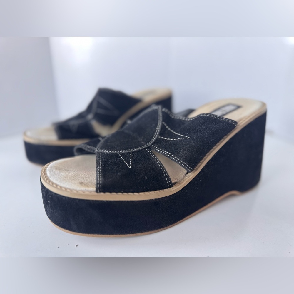 Vintage 90s Y2K SOLE FANATIC Black Chunky Platform Wedges Sandals
